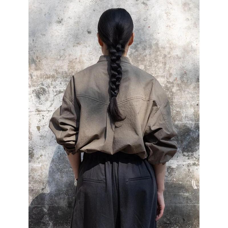 Modna koszula z długim rękawem z okrągłym dekoltem w stylu Harajuku, szaro-brązowa, zapinana na ukośny guzik, retro, wszechstronny kardigan top