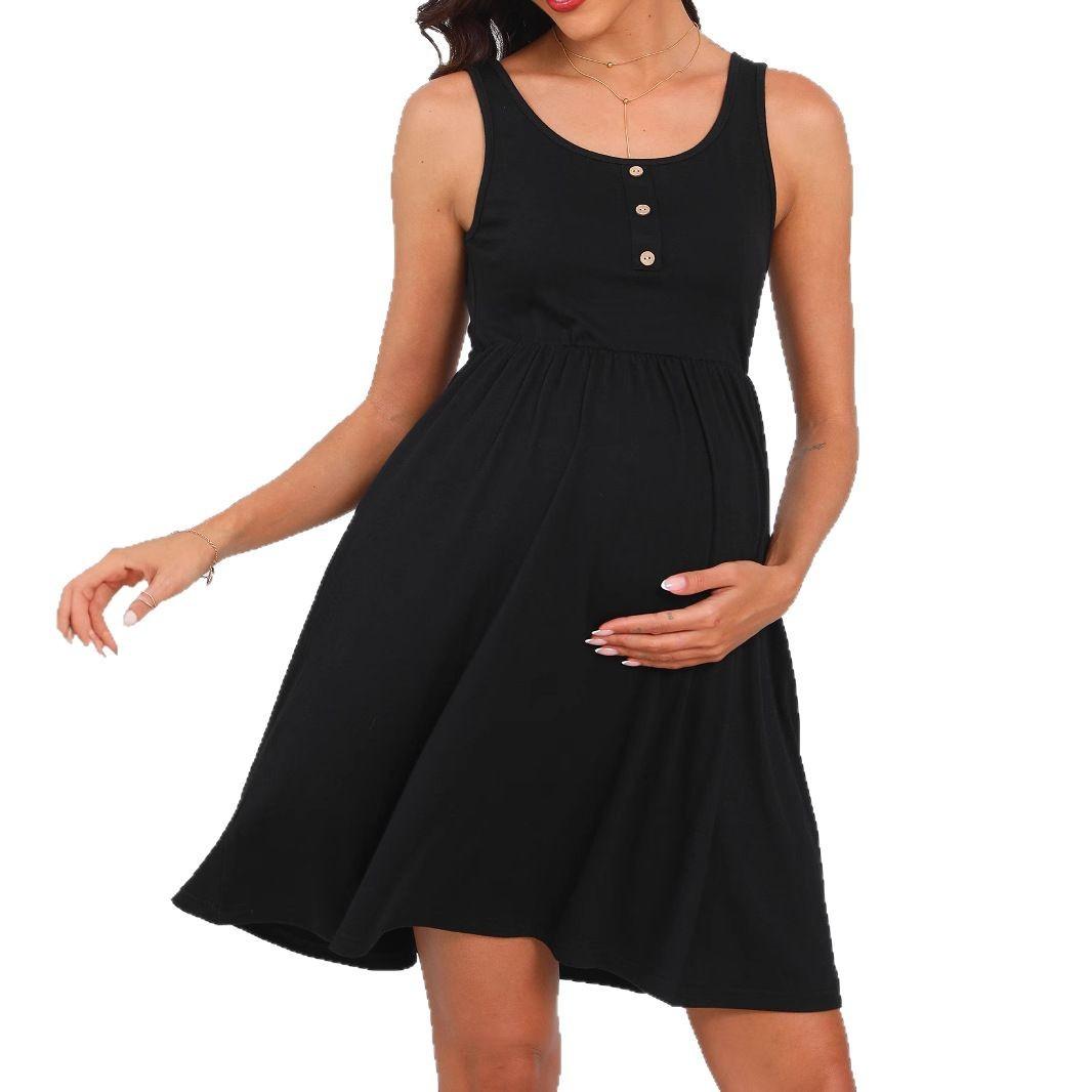

GMXIA Spring Summer Maternity Wear Solid Color Loose Double-pocket Fashionable Sleeveless Button Vest Dress XXL чёрный
