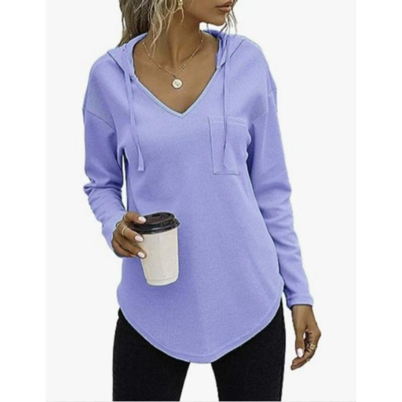 

Женский свитер с капюшоном и длинными рукавами и v-образным вырезом, вафельный свитер, женский пуловер на шнурке, топ XXL синий