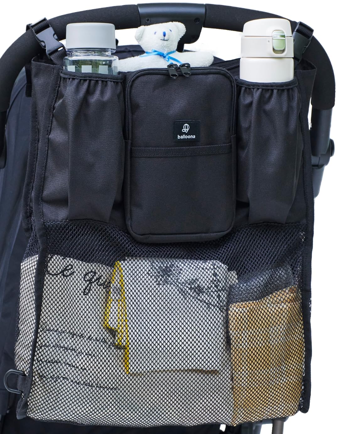 

Сумка-органайзер для коляски balloona с термоизолированным держателем для напитков, складной сеткой и защитой от прохода через турникеты, держатель для напитков для коляски, сумка для коляски, Balloona (черный)