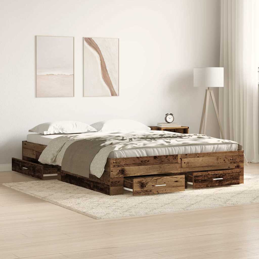 Bed Frame with Drawers Reclaimed Wood Look 140 X 190 Cm Engineered Wood