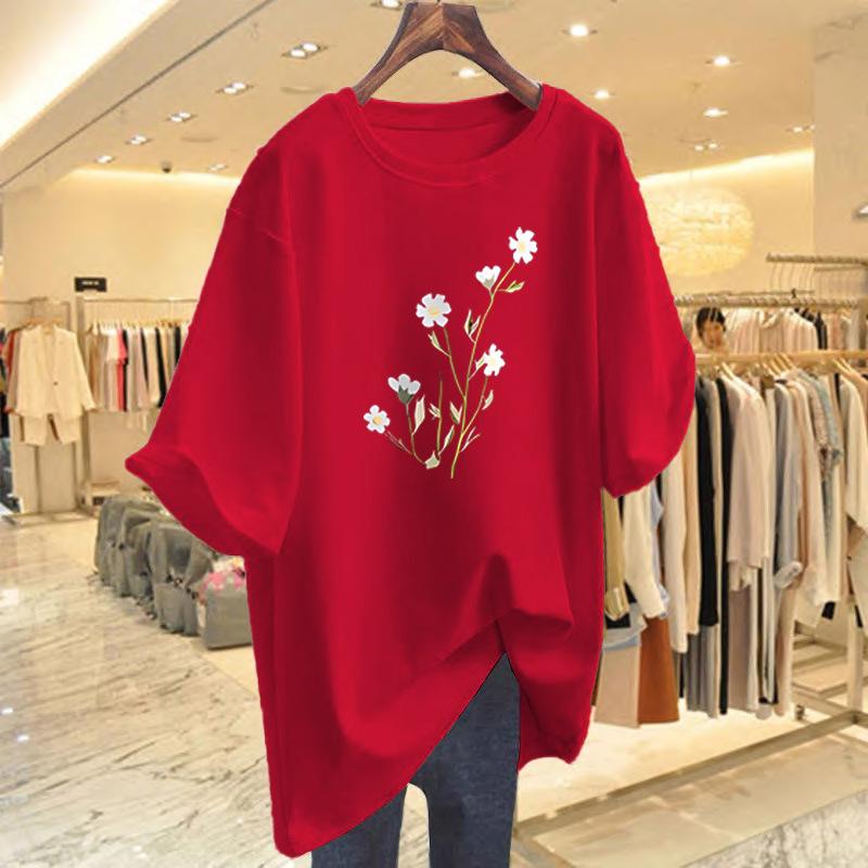 Cotton white short-sleeved t-shirt women's summer new flower print crew neck loose top bottoming shirt