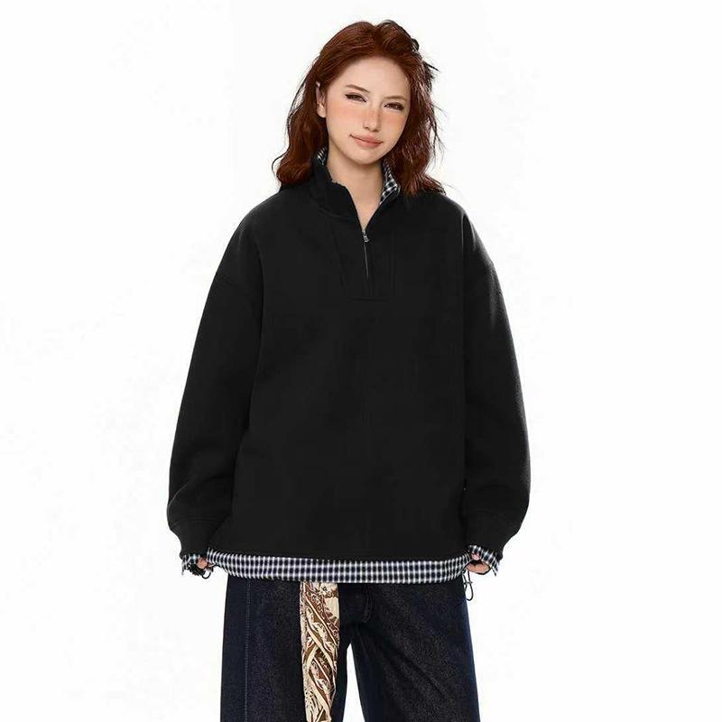Autumn and winter velvet new plaid fake two-piece zipper loose stand-up collar sweater warm couple 1