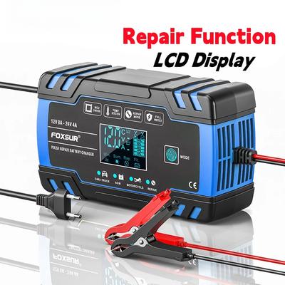 12V 24V 8A Pulse Repair Charger with LCD Display Motorcycle Car Battery Charger AGM Deep Cycle GEL Lead-Acid Charger