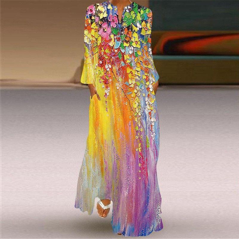 New Chinese Style Chinese Style Skirt Elegant Sexy Long Sleeves 3D Print Long Skirt Loose Plus Size Women's Clothing Long Dress