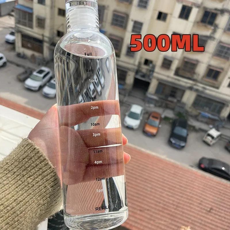 300-1000ml Szklana Butelka na Wodę Duża Pojemność z Pokrywką z Oznacznikiem Czasu do Picia Wody na Zewnątrz Przenośna Przezroczysty Kubek na Mleko Sok