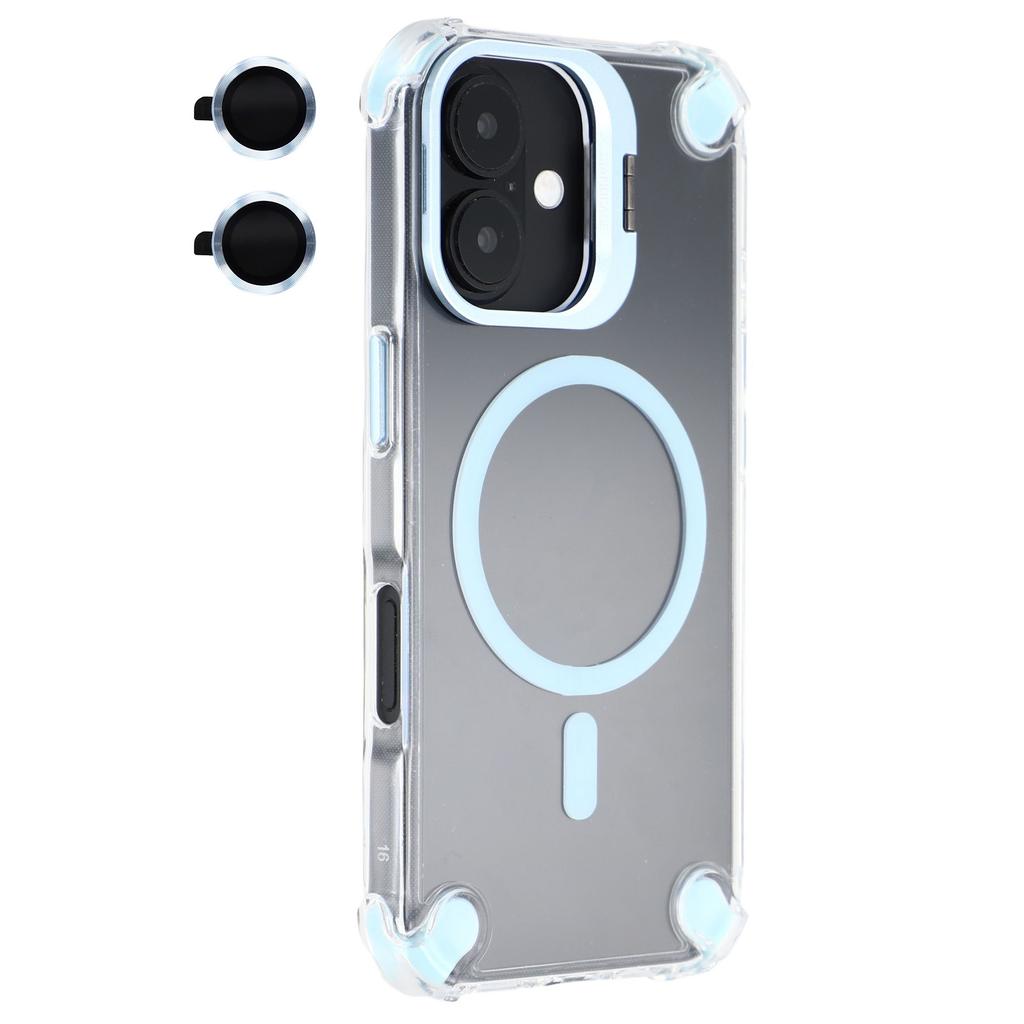 For iPhone 16 Magnetic Clear Case Shockproof Hybrid Phone Shell with Camera Lens Frame Kickstand