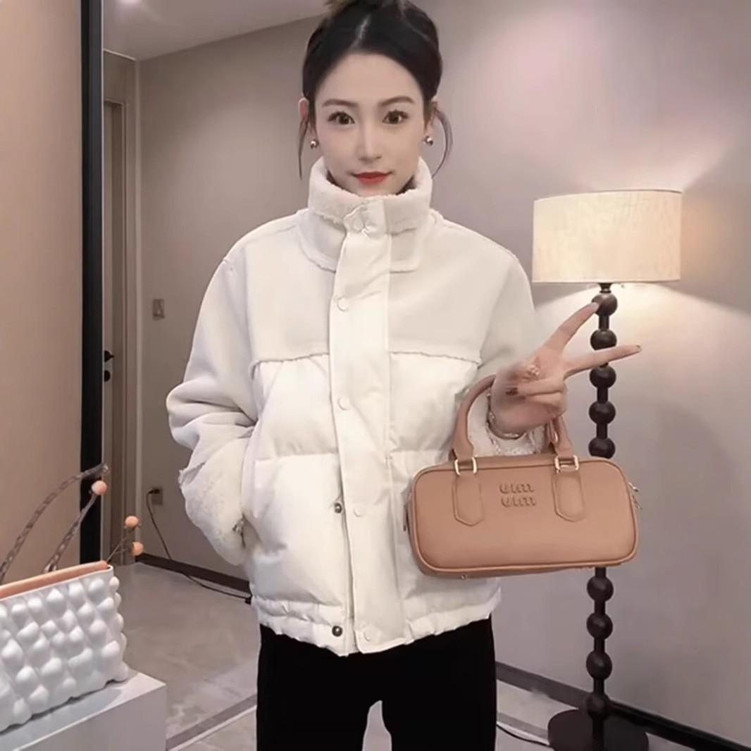 

Short splicing down cotton clothes women s 2025 autumn and winter new loose small thickened warm lamb wool jacket S