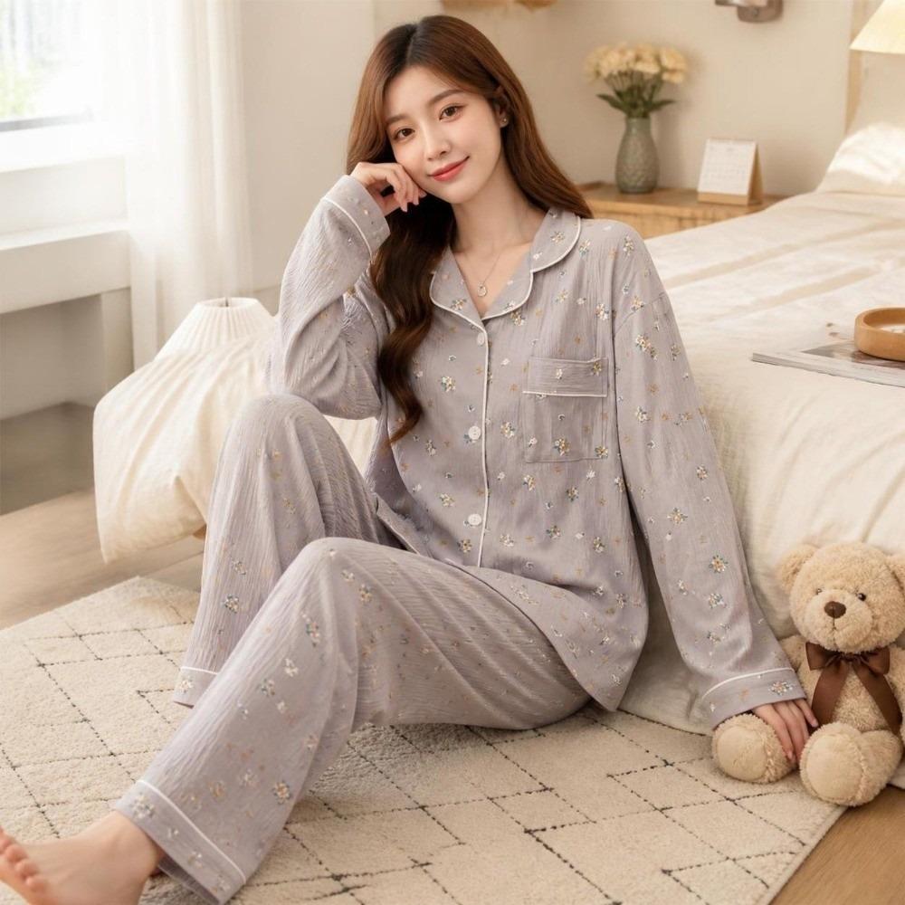 Bear Long Pajama Set Bow Lady Nightwear Suit Comfortable Women's Loungewear Female
