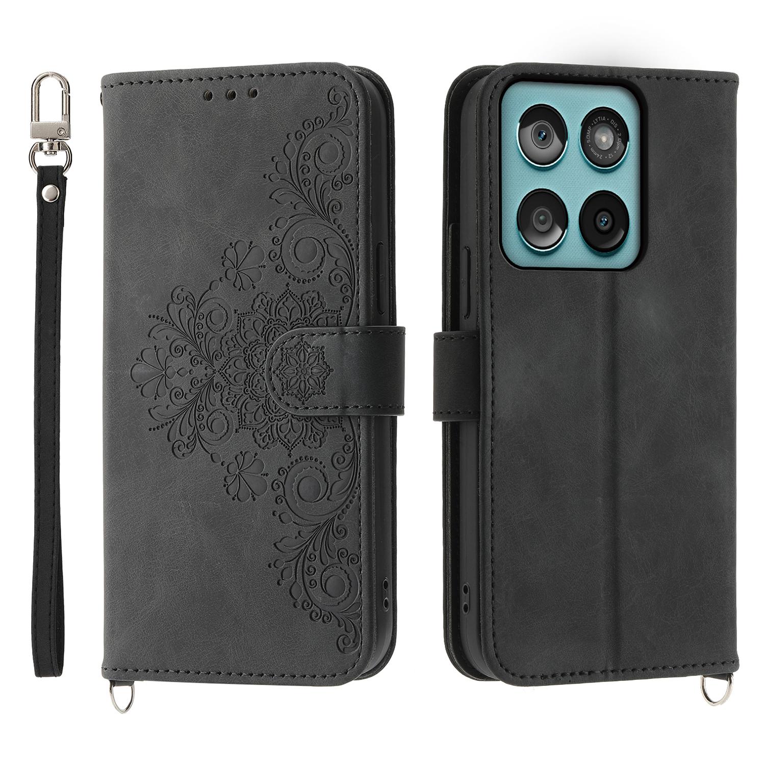 

For Motorola Edge 60 Fusion 5G Case Flower Pattern PU Leather Wallet Phone Cover with Strap Black