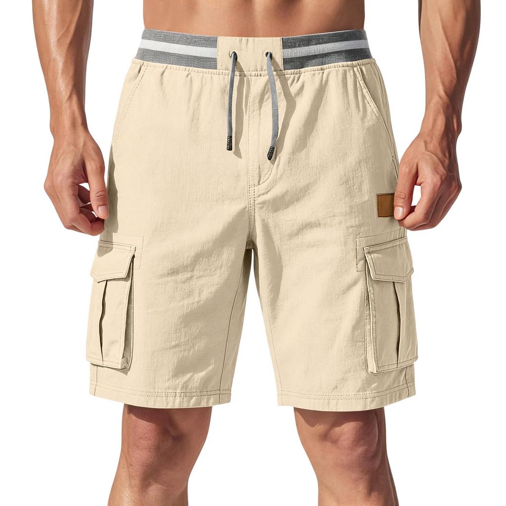 Pantalones Cortos Cargo Ligeros Transpirables con Cintura Elástica y Cordón, Estilo Casual Vintage para Hombre, Múltiples Bolsillos para Actividades al Aire Libre