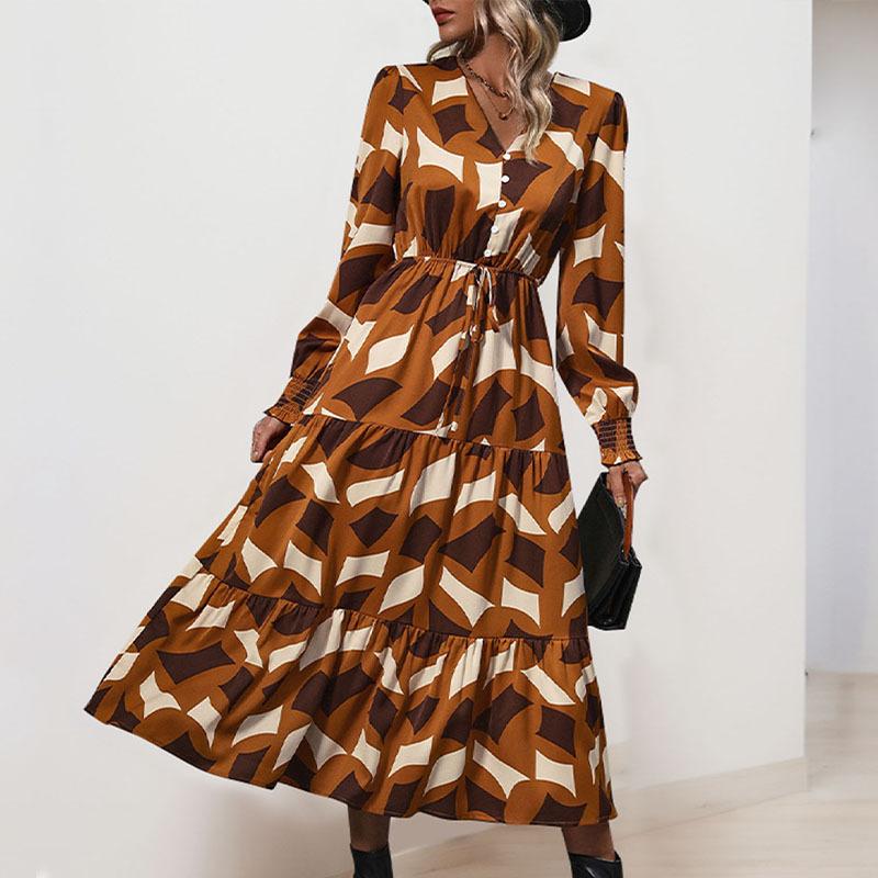 New temperament V-neck ruffle edge dress, button long dress, geometric shape versatile women s skirt S жёлтый