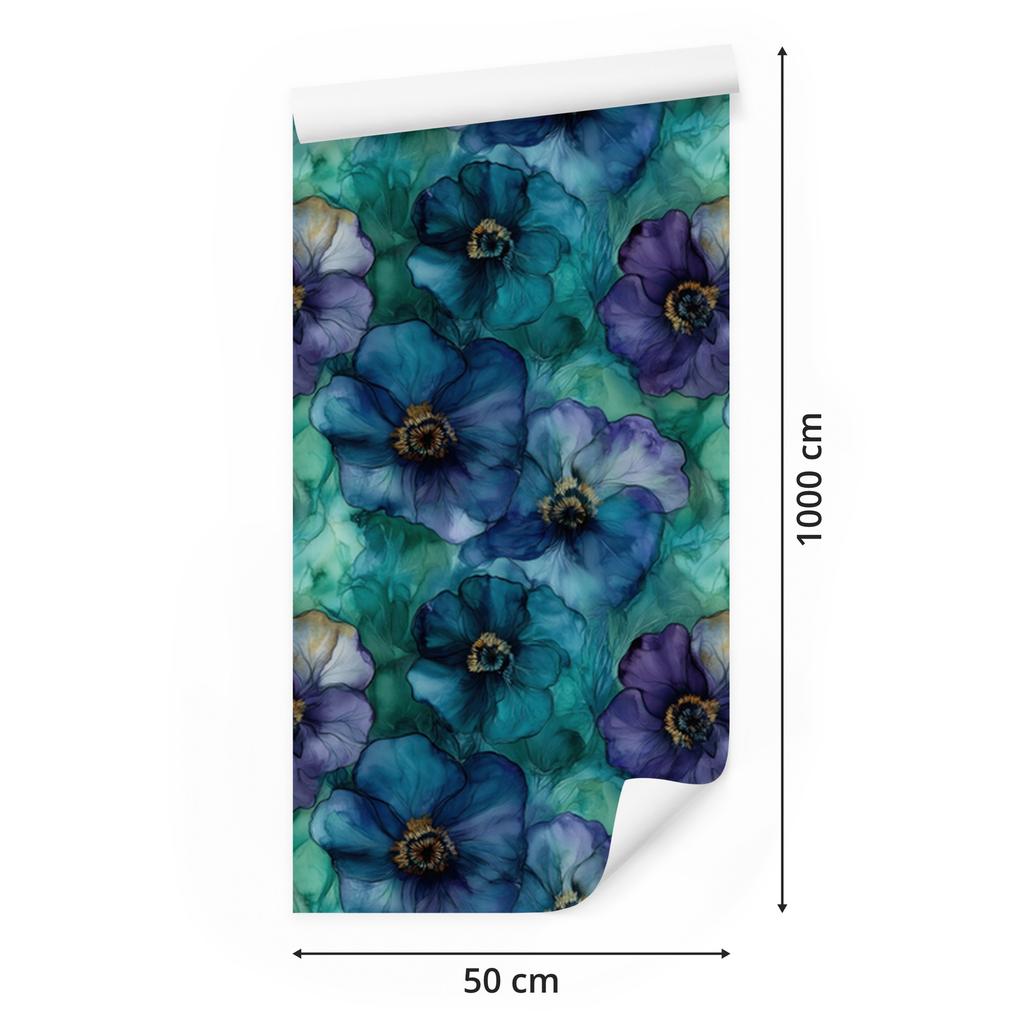 Wallpaper Ink turquoise and blue, fine detail 50x1000