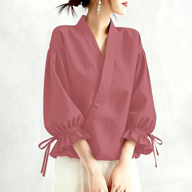 ZANZEA Dámská ležérní jednobarevná halenka s 3/4 rukávem s výstřihem do V