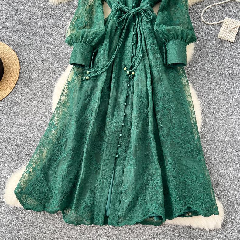 France Vintage Embroidery Formal Dresses Women Summer Autumn Lantern Long Sleeve Lace Pearl Prom Evening Birthday Party Dress