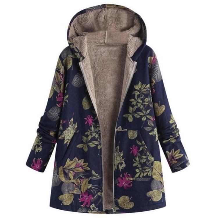 Vintage Floral Fleece Jacket for Women Warm Hooded Long Sleeve Coat with Pockets Casual Fashion Zipper Outerwear