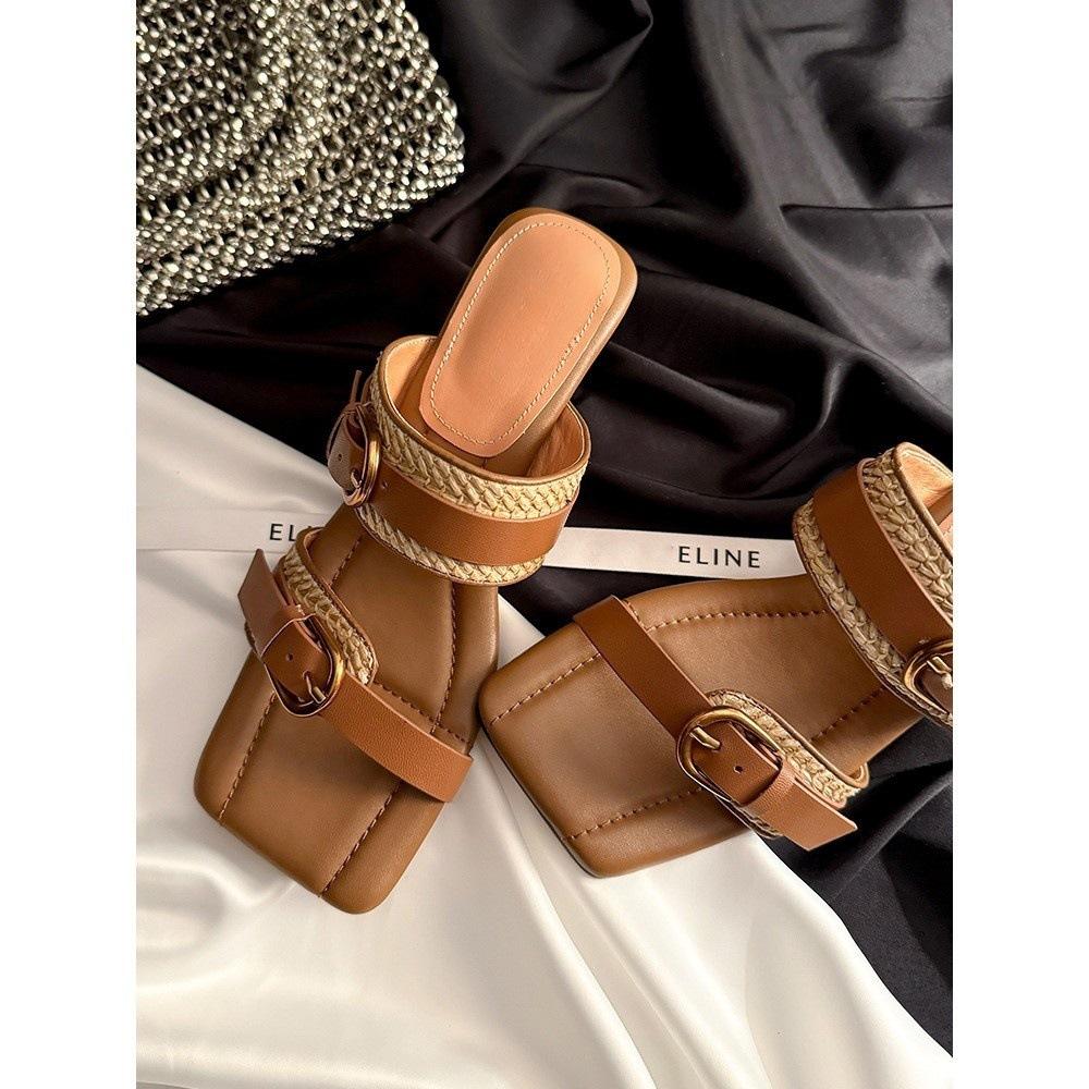 

Beach Holiday~ Belt Buckle Straw Summer High Heels Wear Wedge Heel One-Word Cool Slippers Women 34