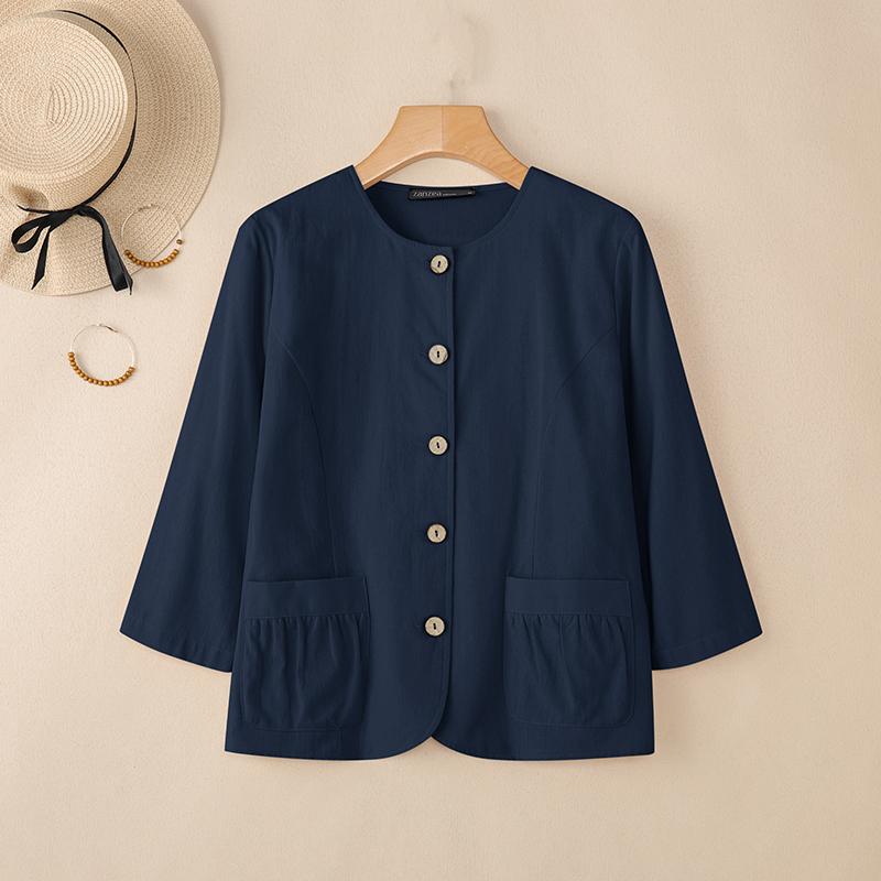ZANZEA Women Casual Round Neck Solid Color 3/4 Sleeve Cotton Blouse