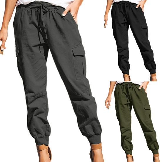 Elastický pas Stahovací šňůrka Rovné Cargo Kalhoty Vysoký pas Více kapes Dámské Kalhoty Streetwear
