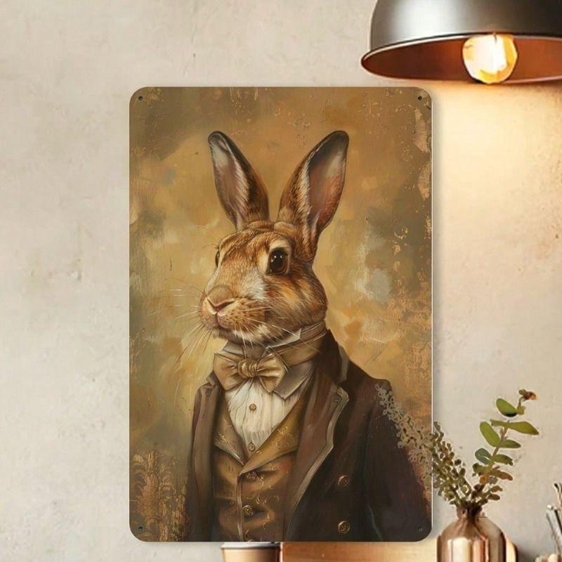 Metal Wall Art Vintage 2D Rabbit Gentleman, Home Garden Bar Decor Easter Gift
