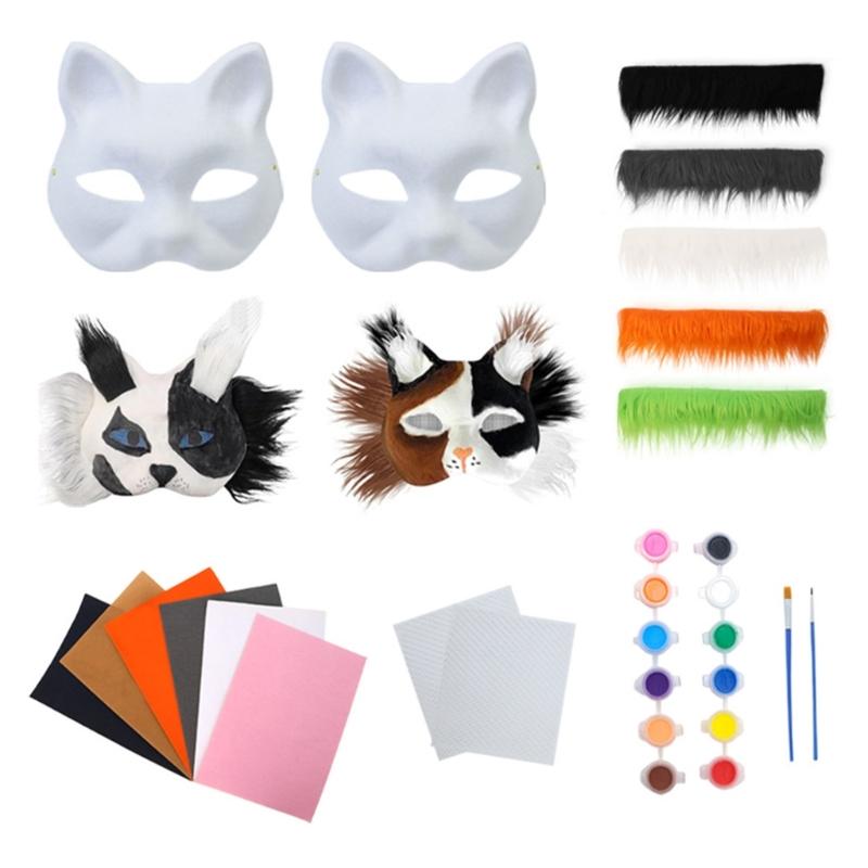 Unpainted Foxes Mask Masquerade Mask Anime Cosplay Mask Hand-Painted Cats Mask with Furs Half Face Mask for Halloween