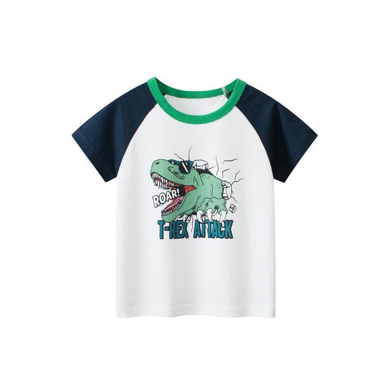 27Kids Children s Clothing Kids Raglan Sleeve Bottoming Shirt Summer Boys Dinosaur Short Sleeve T-shirt Baby Pure Cotton Clothes 9561m White/Noble Blue 120