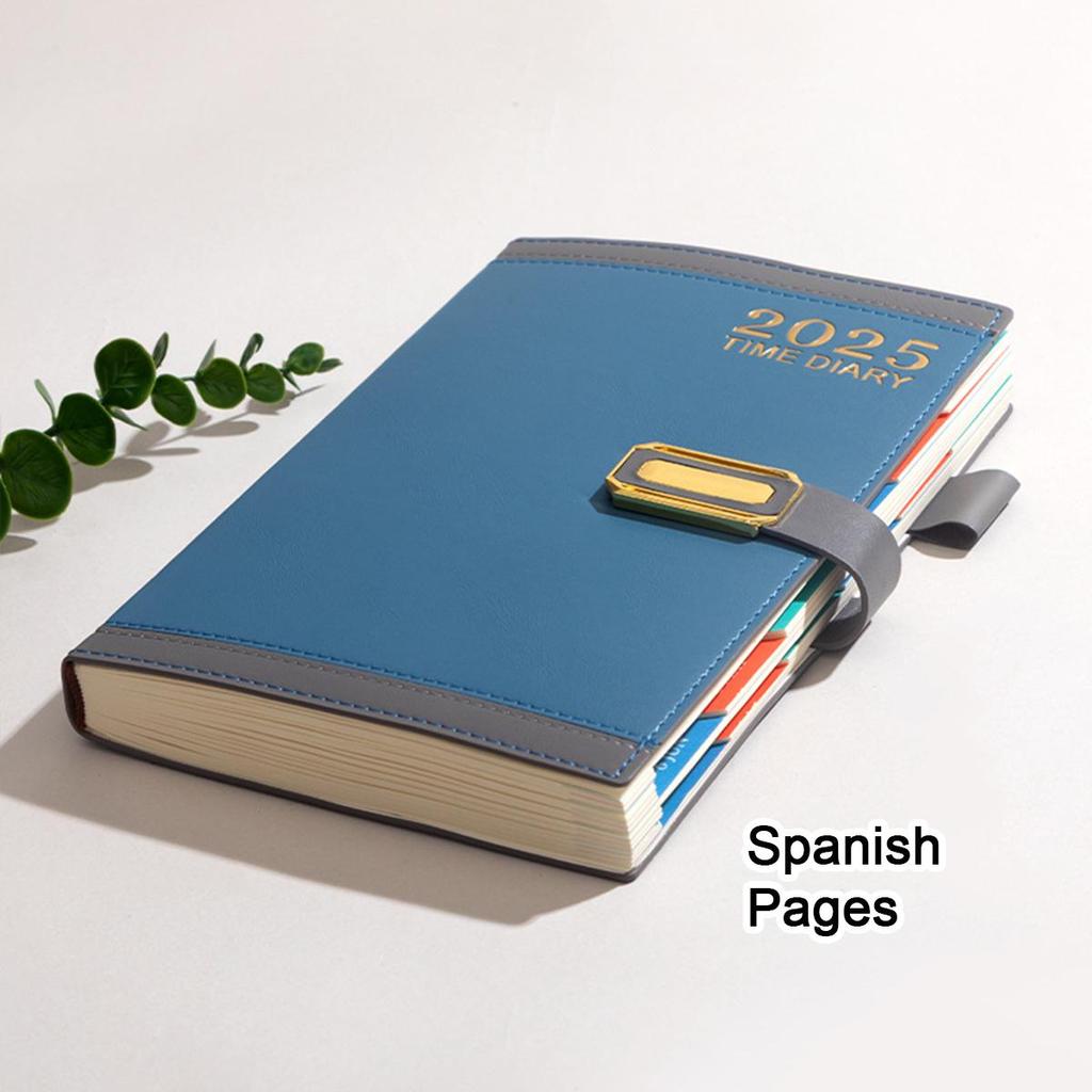 A5 Leder 2025 Geschäftsplaner Notizbuch, Englisch/Spanisch/Französische Seiten, Studenten Tagesplaner, Notizblock, Memo