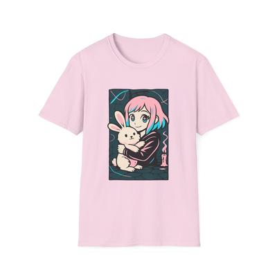Unisex Softstyle Anime Mädchen und Hase T-Shirt – Neon Pink Blau Kunst, Gothic Kawaii