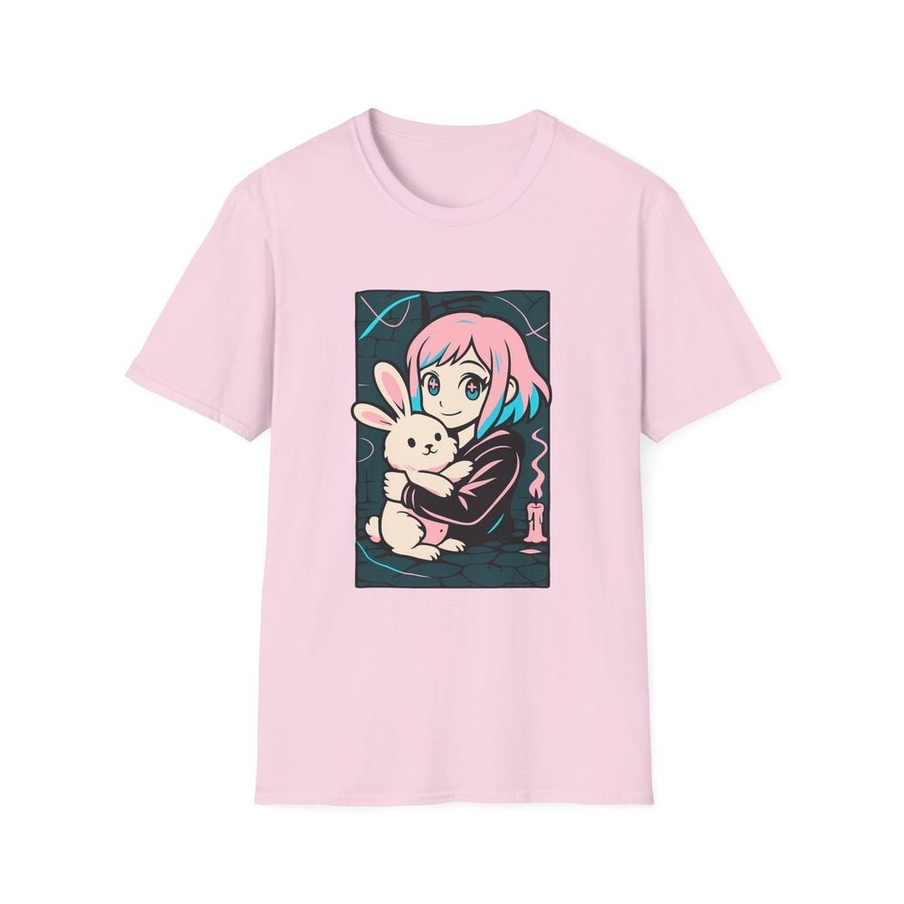 

Unisex Softstyle Anime Girl and Rabbit T-Shirt – Neon Pink Blue Art, Gothic Kawaii S