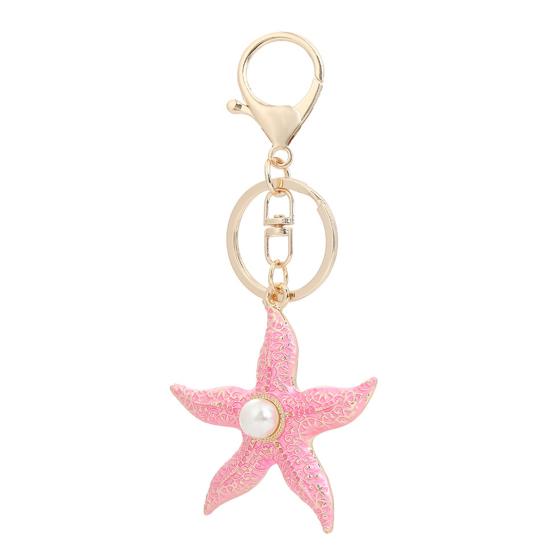 Keychain Pendant Starfish Zinc Design Chain with Alloy Key Imitation Pearl Inlaid розовый