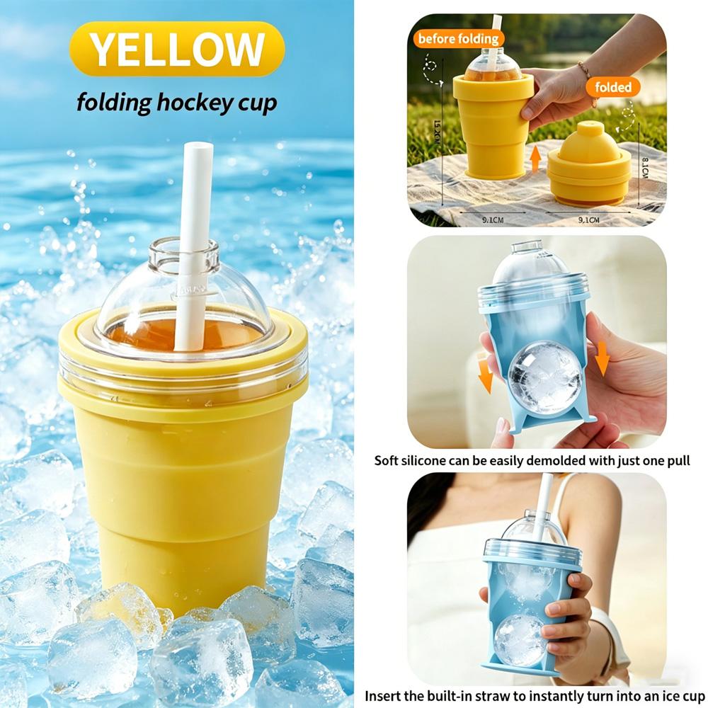 Foldable Silicone Ice Cup with Straw, Creative Ice Ball Maker Mold for Outdoor & Travel Use
