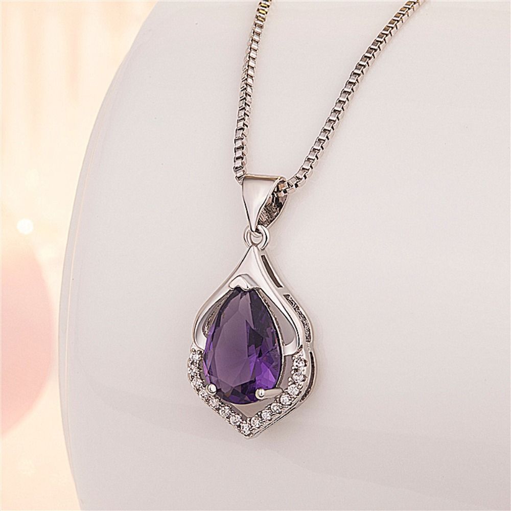 Silver Necklace Water Drop Women's Jewellery Elegant Amethyst Pendant Chain  Women Girl