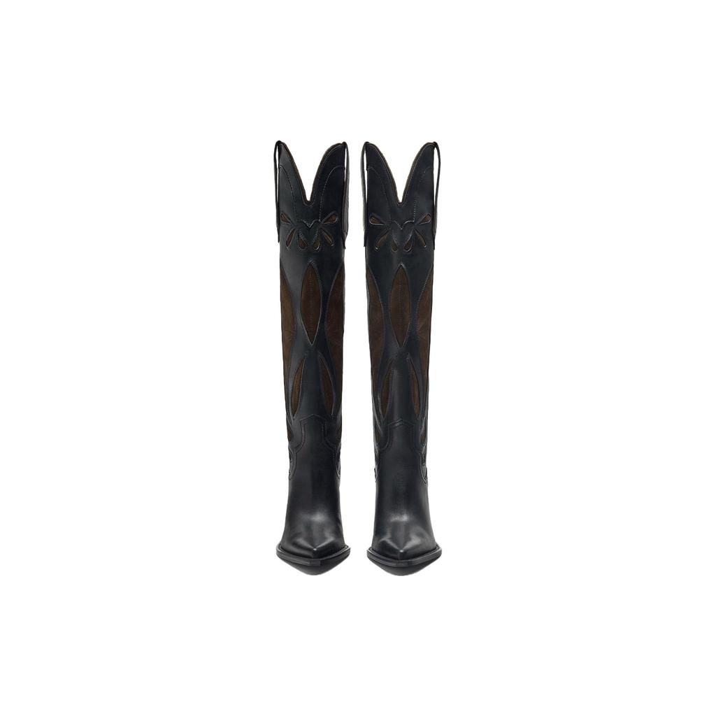 Zara Leather Pointed Toe Pull-On Knee High Boots 7Cm Women Boots Black 3023010800