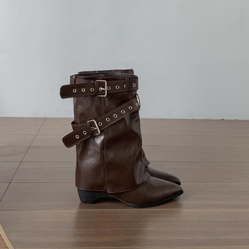 

Autumn Vintage Thick Heel Pointed Toe Women Pipe Boots Fashion Belt Buckle Ladies Elegant Slip On Mordern Mid Calf Booties 35 коричневий