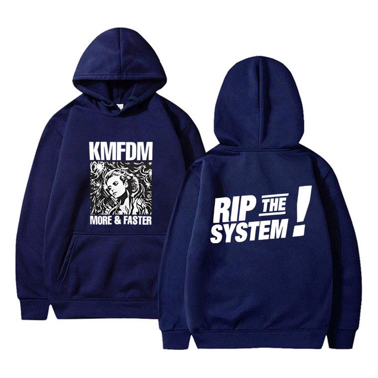 Bluza z kapturem męska z polaru w stylu vintage hardcore alternatywny rock Kmfdm More and Faster Rip The System w modzie oversize