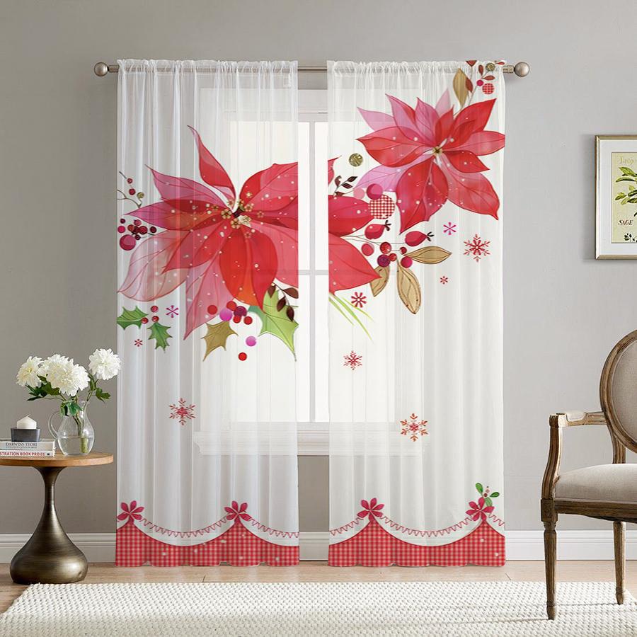 2PCS Christmas Poinsettia Sheer Curtains