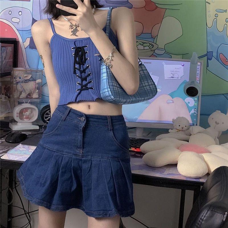 Gothic Grunge Y2k Crop Top bez zad Rukávový Dámský Kawaii Roztomilý Bílý Pletený Tílka Tank Topy Letní Móda Vesta Dámské Šněrovací Oblečení