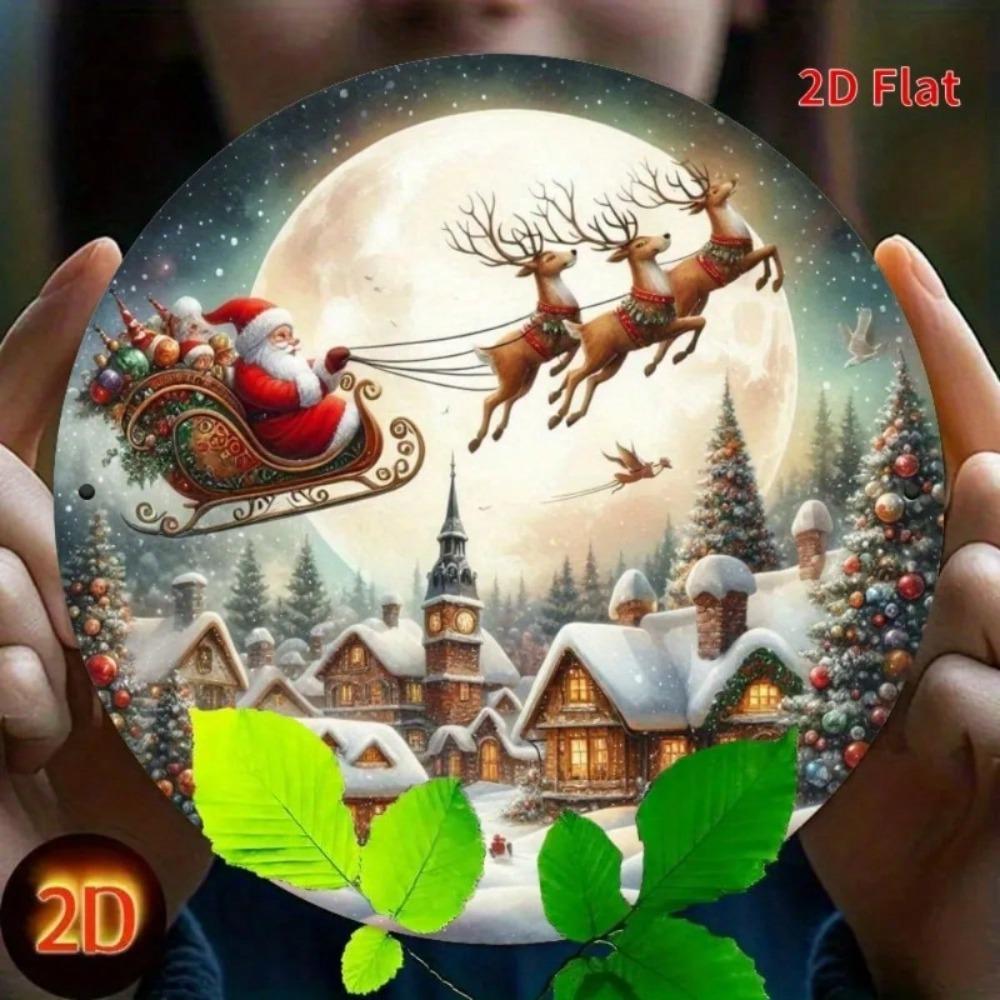 Vintage Santa Claus Sleigh Metal Wall Decor 2D Flat Christmas Decoration Reindeer Winter Village Tin Sign