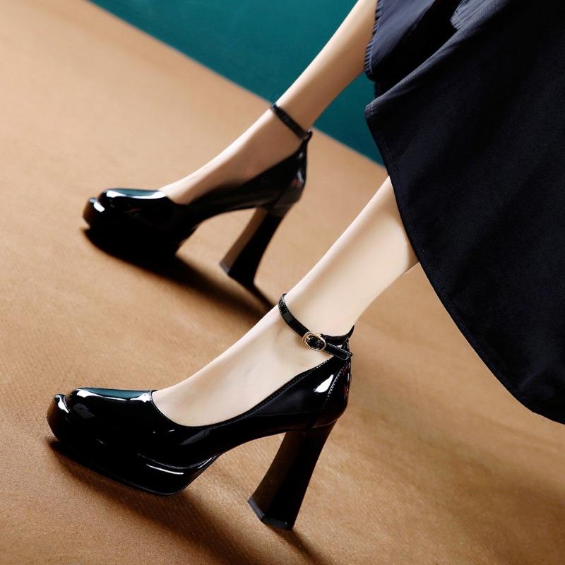 Women's Super High Heel Shoes Autumn New Square Head Shallow Mouth Waterproof Platform One Line Buckle Heels