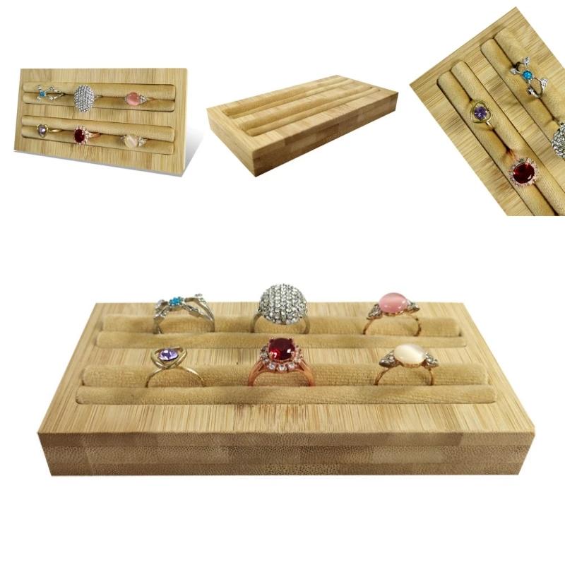 Velvet Square Ring Tray With Bamboo Wood Base 2 Slots Ring And Accessory Display Stand Earrings Jewelry Storage Rack 14.5*7CM