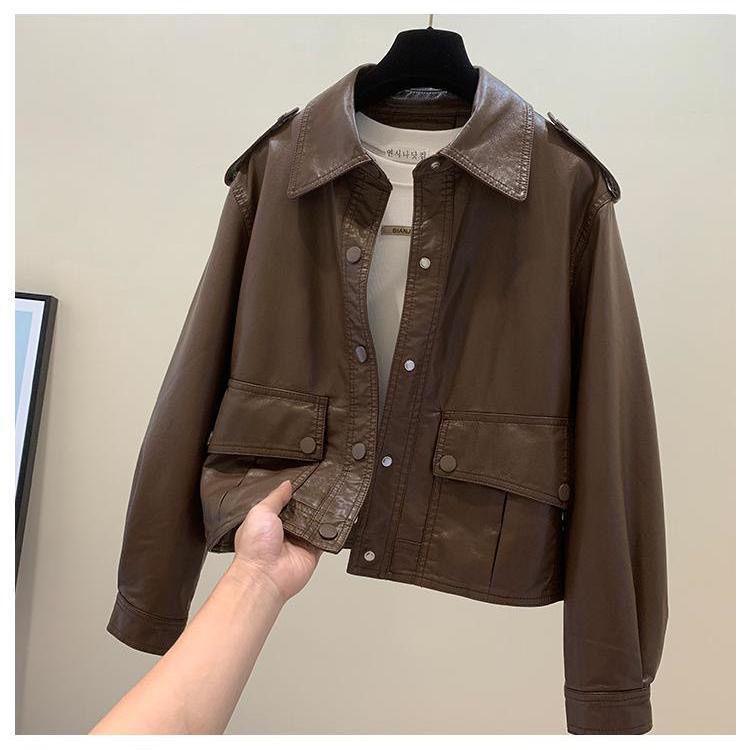 2025 Women's Plus Size Casual Leather Motorcycle Jacket with Turn-Down Collar