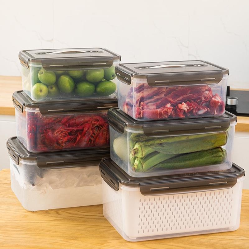 Vegetable and Fruit Storage Bins with Strainers Space Saving Freshness Preserving Boxes Large Organizer Box with Lid