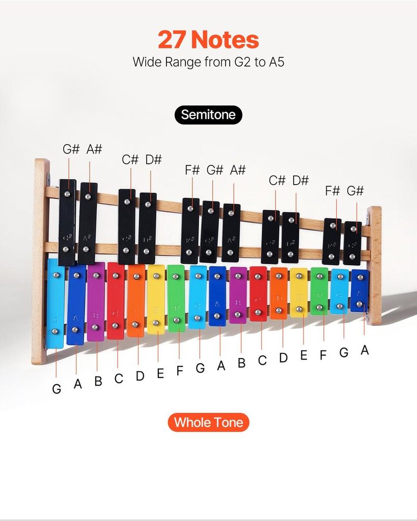Glockenspiel Xylophone, 27 Notes, Professional Xylophone Percussion Instrument, with Colorful Metal Keys, Includes 4 Mallets, Carrying Bag, Beginner