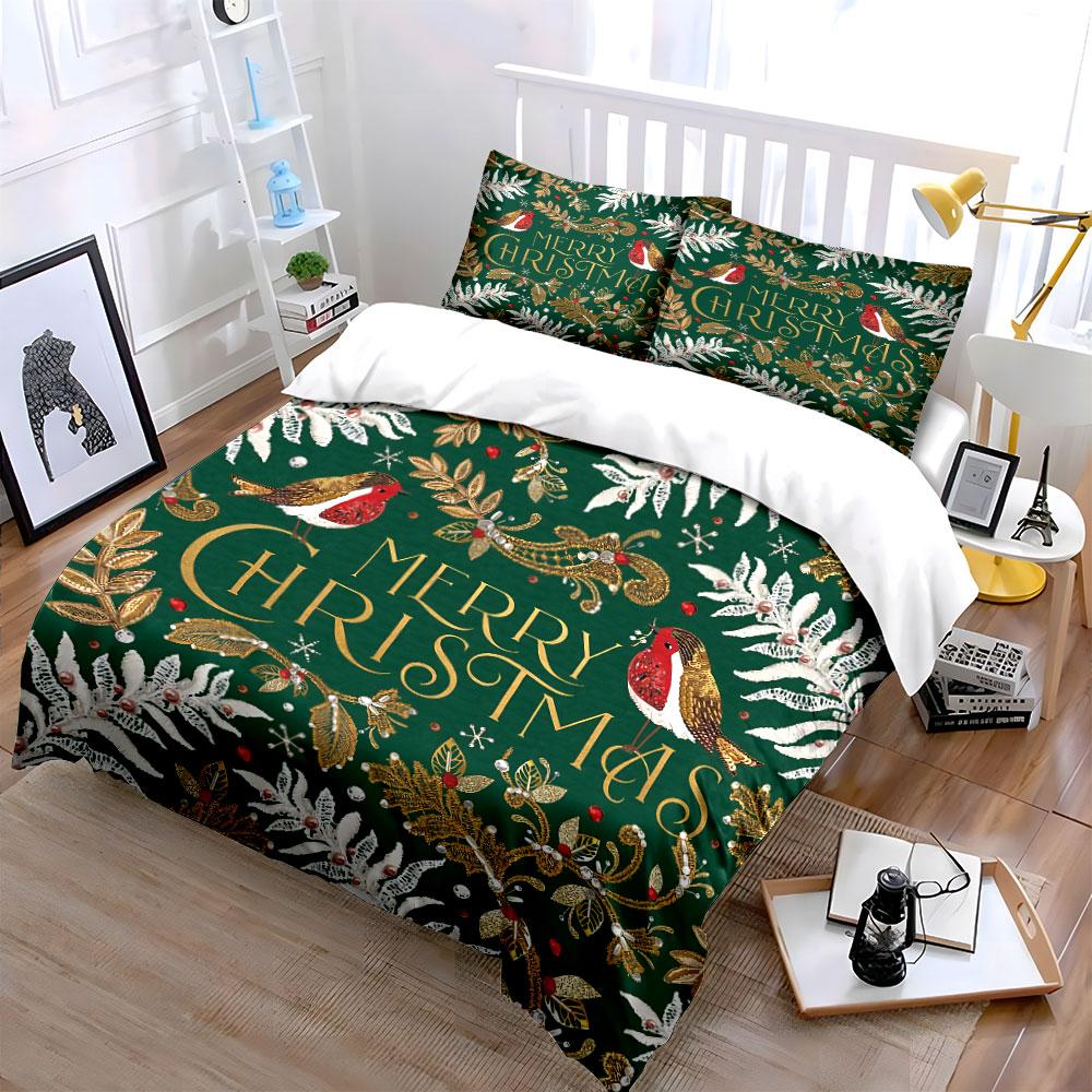 Christmas Birds and Leaves Print Bedding Duvet Cover Set Duvet Cover Pillowcases  (1*Duvet Cover 2*Pillowcases, without duvet insert)
