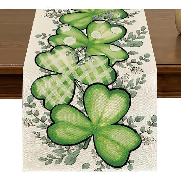 St. Patrick's Day Green Shamrocks Floral Table Runner 13x72 Inch Spring Holiday Four Leaf Clover Kitchen Dining Table Decor for Indoor Outdoor