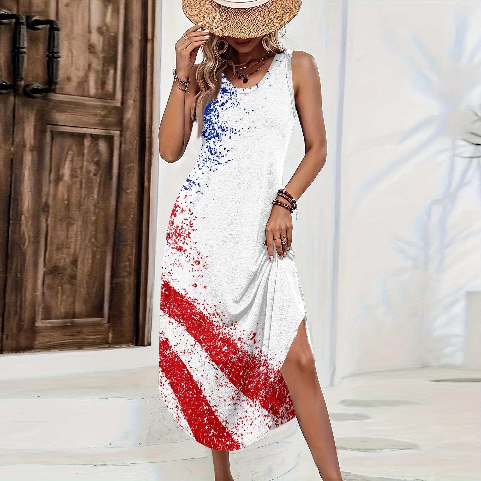 

Women s Sleeveless Casual Loose Fit Long Dress with Star Print Side Slit Summer Beach Maxi Dress for Daily Wear M белый