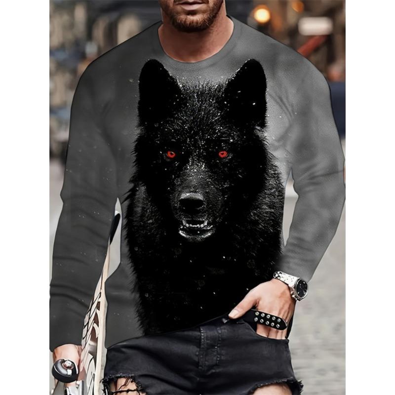 Langarm-T-Shirt für Herren mit Tiermuster, Frühling und Herbst, Alltags- und Freizeitoberteil für Herren, modisches Langarm-T-Shirt mit 3D-Wolf-Print