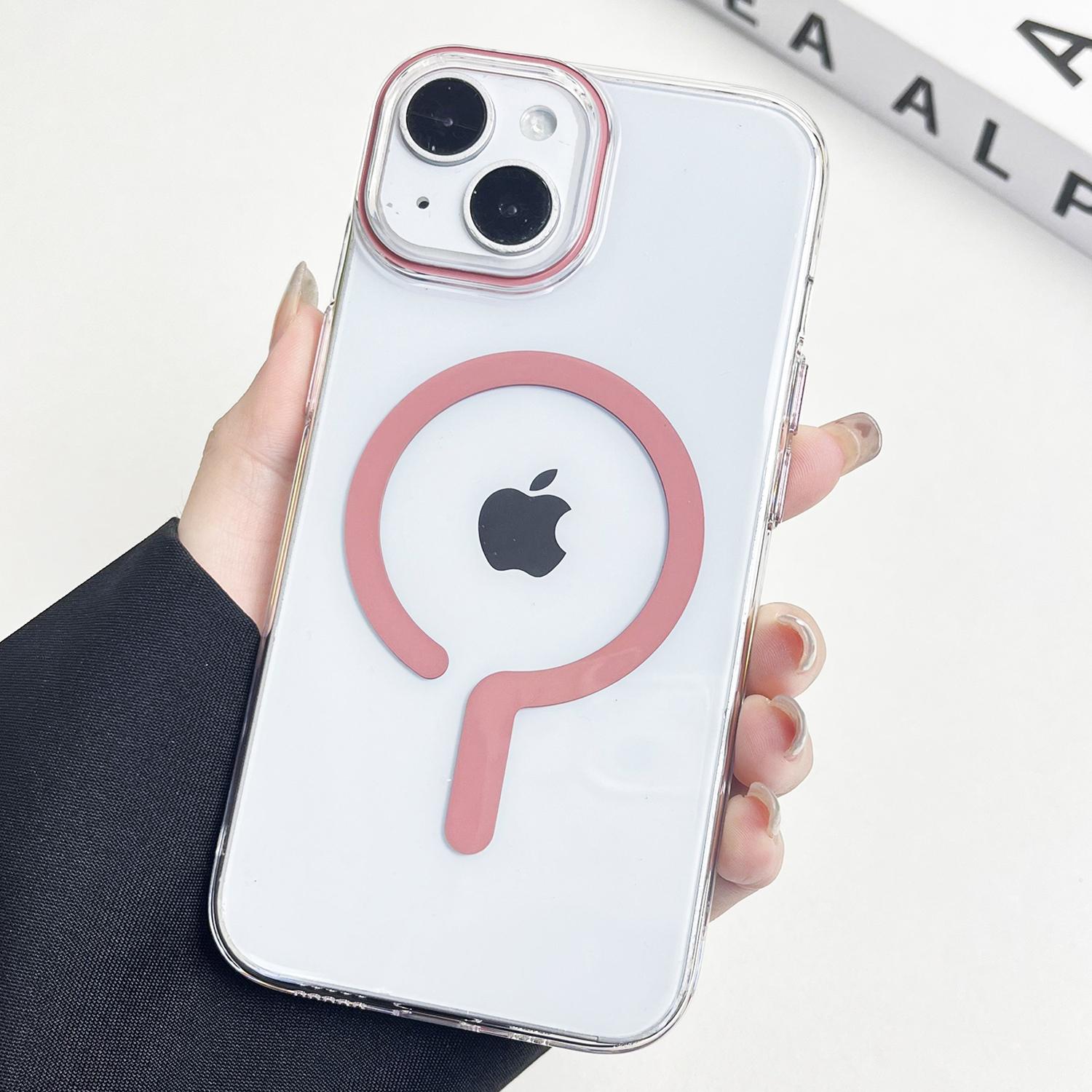 

For iPhone 14 Clear Magnetic Case Hard PC+Soft TPU Protective Phone Cover Pink