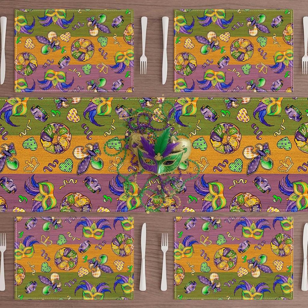 Colorful Masks Doughnuts Iris Fleur De Lis Mardi Gras Placemats Set of 4 Carnival Table Mats