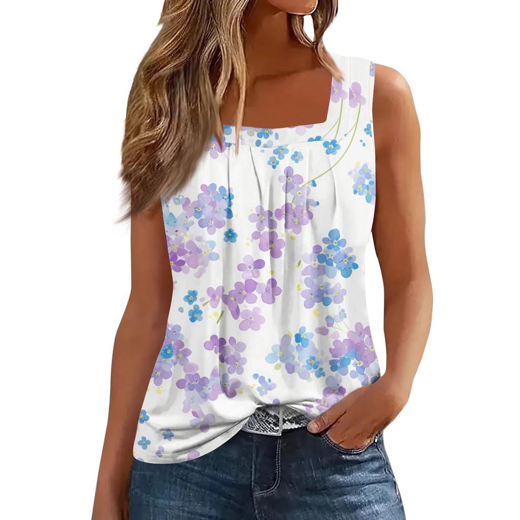 Women's Fashion Casual Pleated Square Collar Sleeveless Vest Print Summer T-shirt